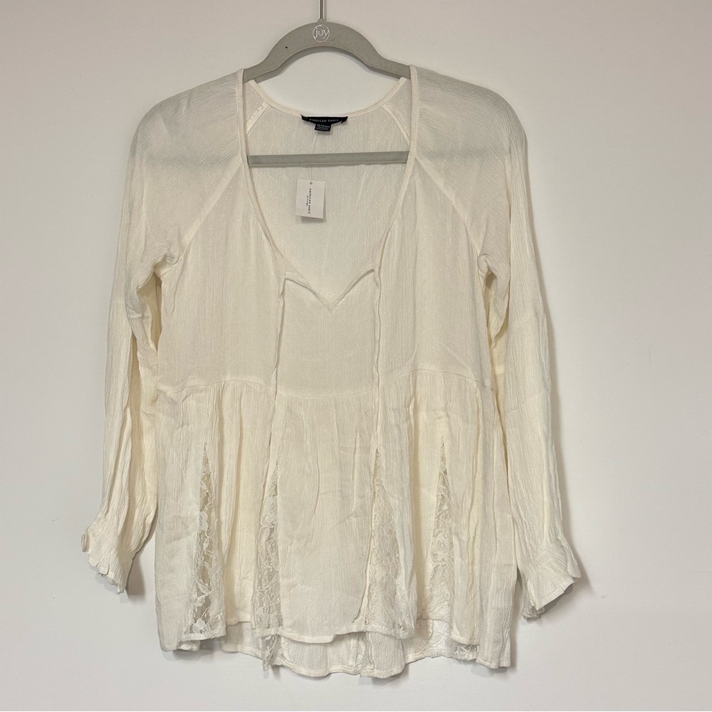 American Eagle Outfitters Ivory Boho Long Sleeve Babydoll Lace Peasant Blouse XS - Picture 2 of 8
